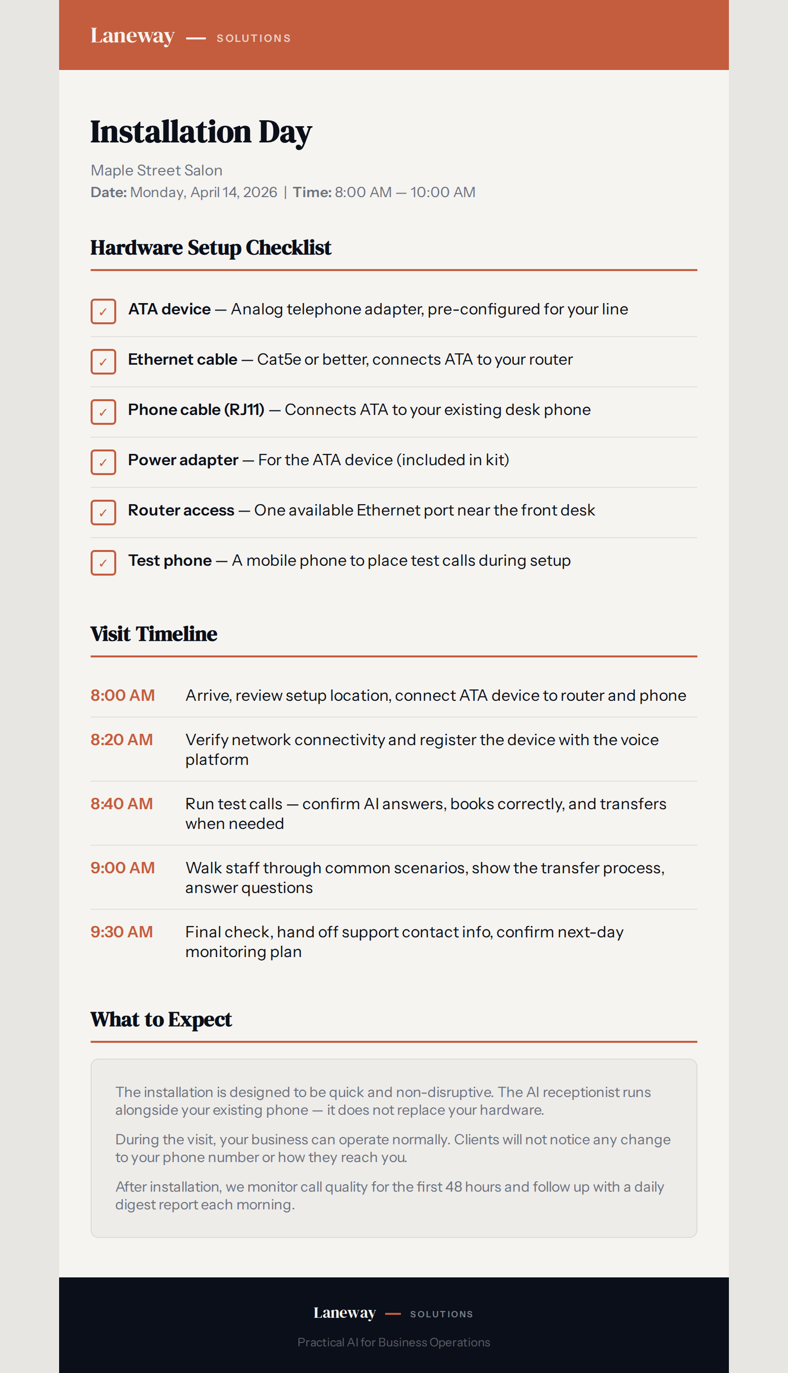 Installation day checklist and timeline for hardware setup