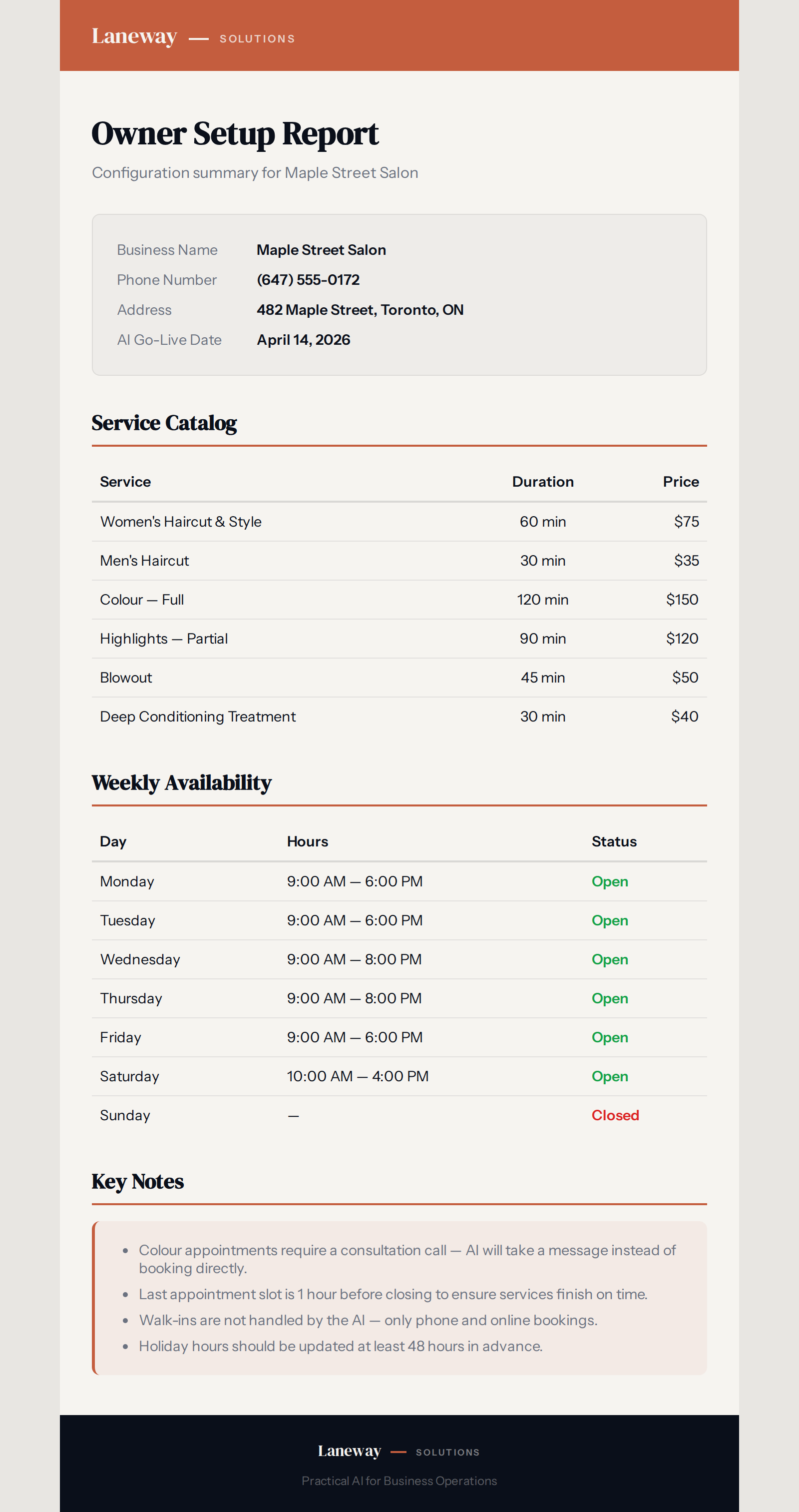 Owner report showing availability, services, and booking test results